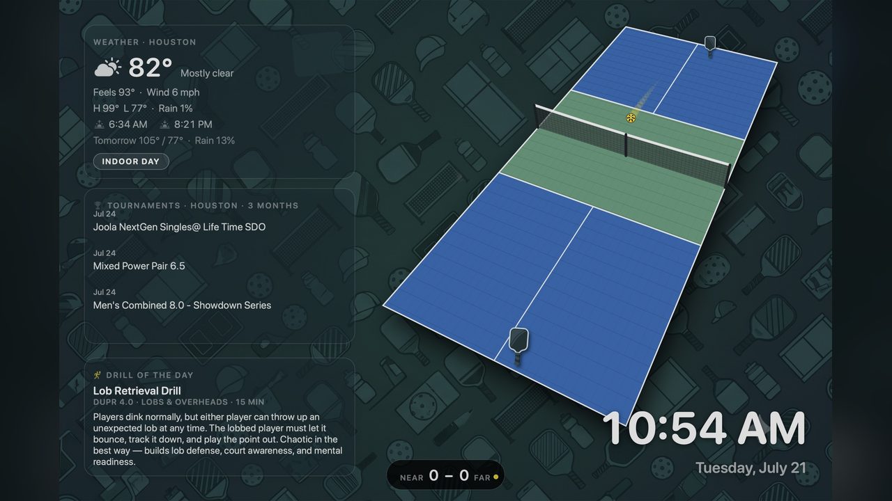 The classic screensaver theme showing a pickleball rally, a scoreboard, weather, tournaments, and drill widgets