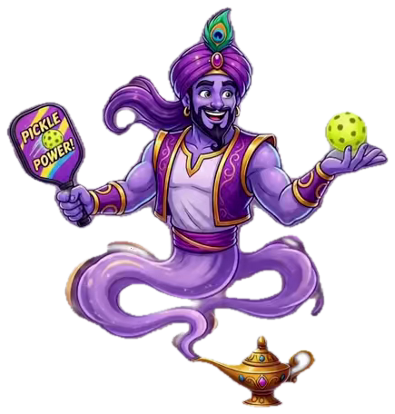 The Pickleball Genie mascot — a smiling purple genie holding a pickleball paddle and a golden lamp